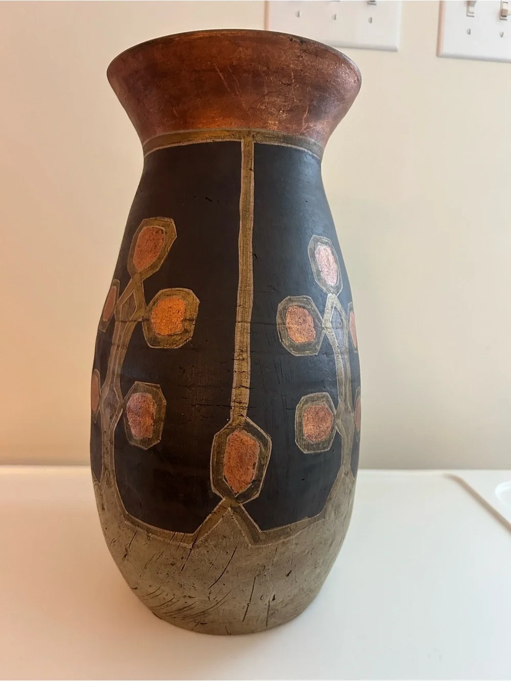 Vintage1980sHand-Painted Black Ceramic Vase. WithGeometric Copper painted accent